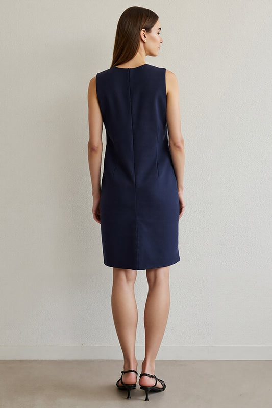 Navy Round Neck Short Pencil Work Dress