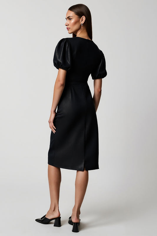 Black V-Neck Pencil Short Sleeves Midi Work Dress