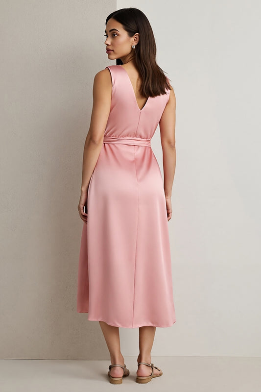 Pink Satin Sheath Draped Maxi Wedding Guest Dress