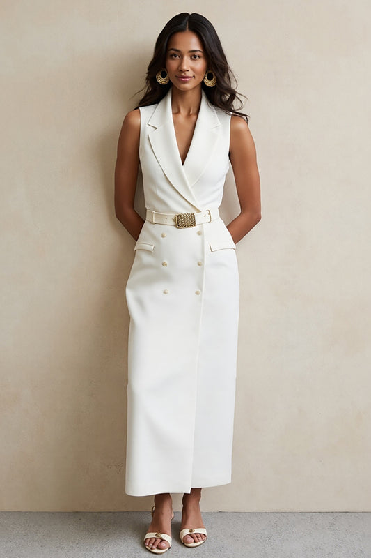 White Notched Lapel Maxi Pencil Blazer Dress with Button