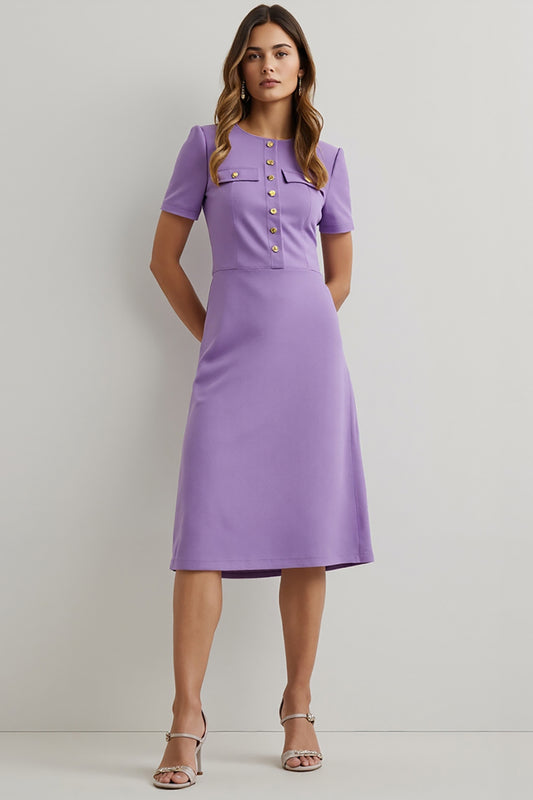 Purple Round Neck Midi Pencil Work Dress with Sleeves