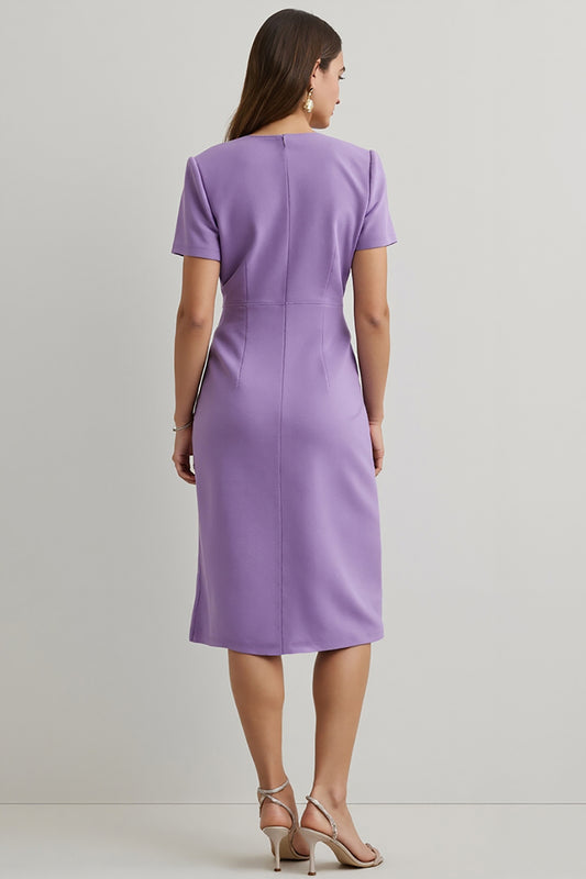 Purple Round Neck Midi Pencil Work Dress with Sleeves