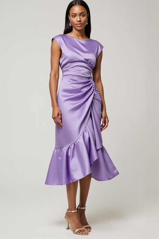 Purple Satin Ruffled Midi Wedding Guest Dress