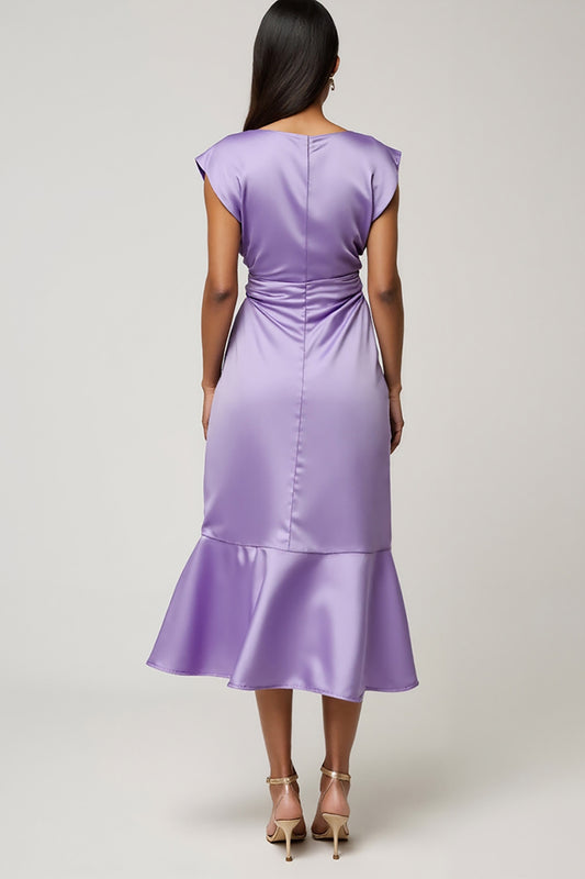 Purple Satin Ruffled Midi Wedding Guest Dress