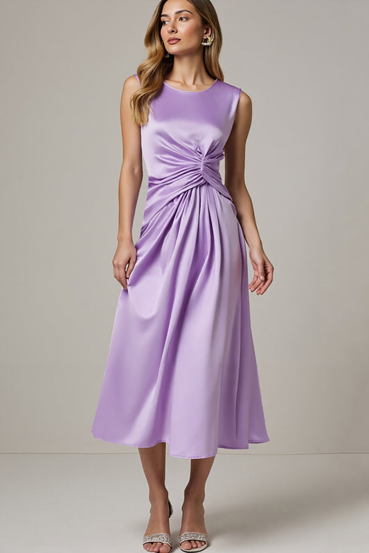 Purple Satin Ruched A Line Maxi Wedding Guest Dress