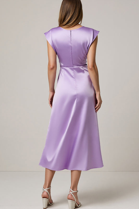 Purple Satin Ruched A Line Maxi Wedding Guest Dress