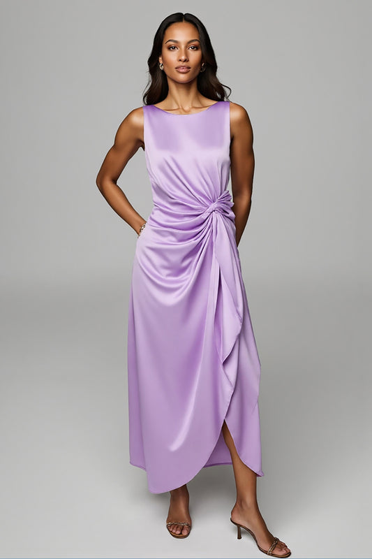 Purple Satin Sheath Maxi Wedding Guest Dress with Ruffles