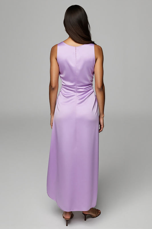 Purple Satin Sheath Maxi Wedding Guest Dress with Ruffles