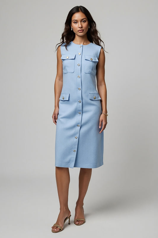 Blue Boat Neck Midi Pencil Work Dress with Pockets