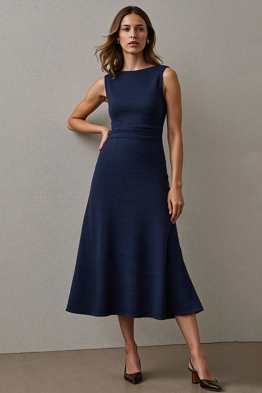 Simple Navy Bateau Neck A Line Maxi Work Dress