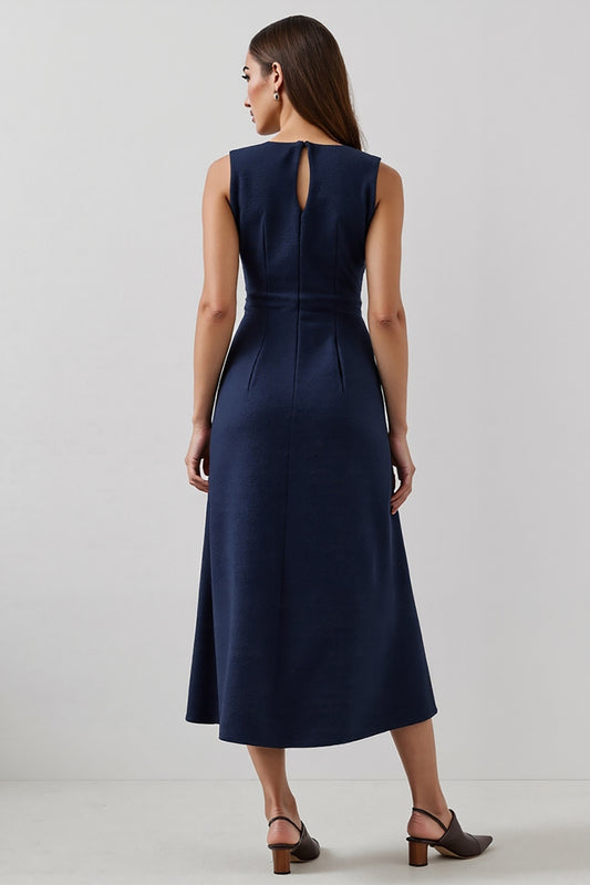 Simple Navy Bateau Neck A Line Maxi Work Dress