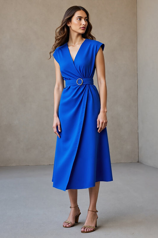 Royal Blue Cap Sleeves V-Neck Midi Work Dress with Belt
