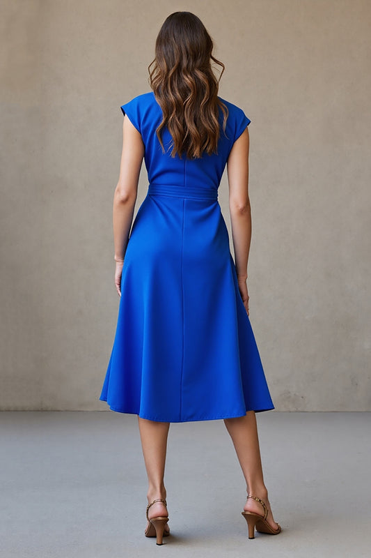 Royal Blue Cap Sleeves V-Neck Midi Work Dress with Belt