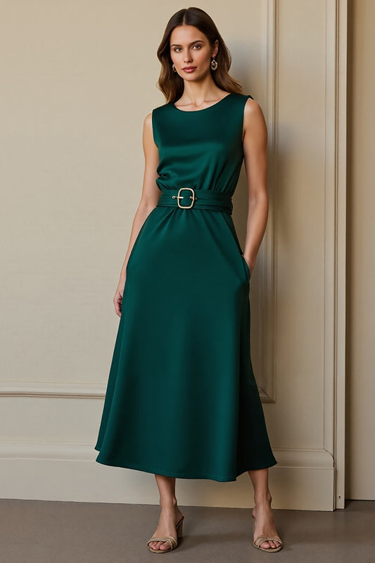 Dark Green Round Neck Satin Maxi Work Dress with Pockets