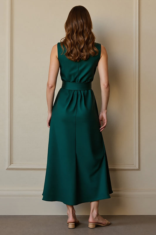 Dark Green Round Neck Satin Maxi Work Dress with Pockets