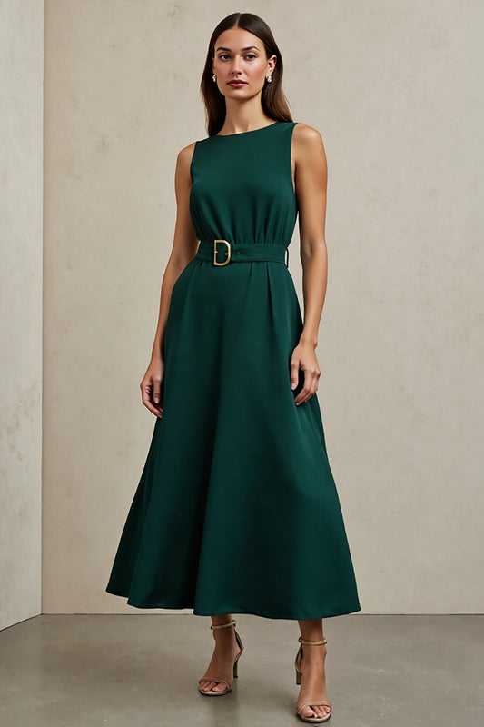 Dark Green Round Neck A Line Maxi Work Dress with Belt