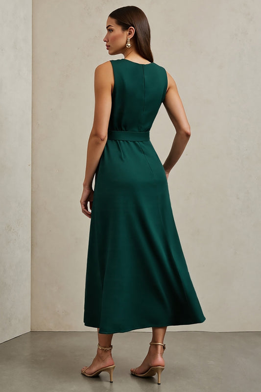 Dark Green Round Neck A Line Maxi Work Dress with Belt