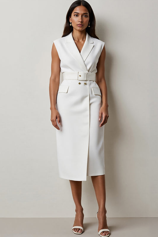 White Notched Lapel Midi Pencil Blazer Dress with Belt
