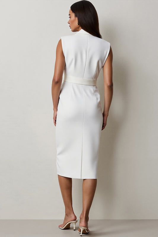 White Notched Lapel Midi Pencil Blazer Dress with Belt