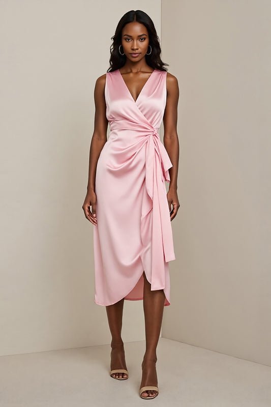 Pink Sheath Satin Midi Wedding Guest Dress with Sash