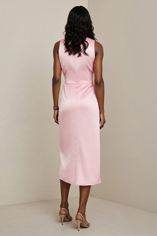Pink Sheath Satin Midi Wedding Guest Dress with Sash