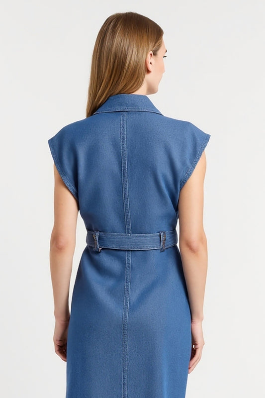 Grey Blue Cap Sleeves Maxi Bodycon Work Dress with Belt