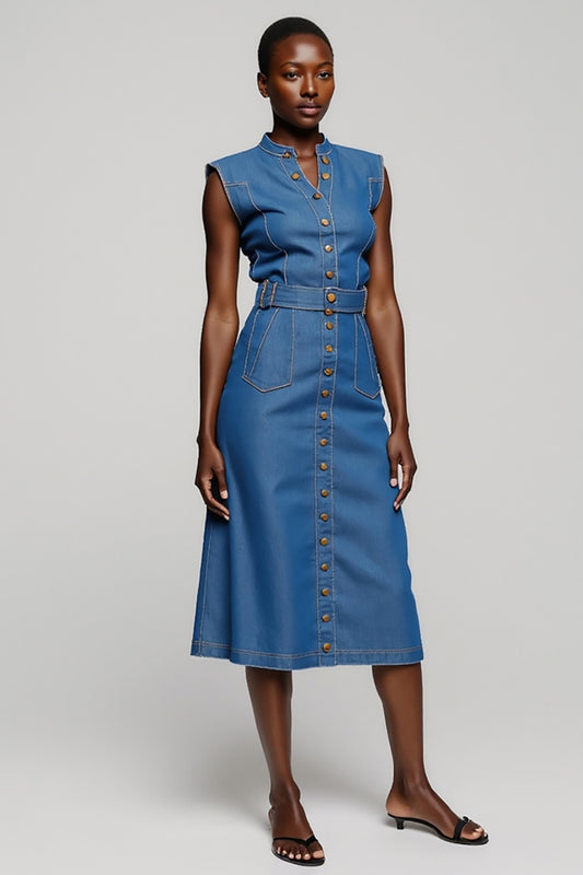 Grey Blue Button Midi A Line Work Dress with Belt