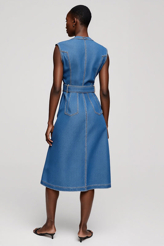Grey Blue Button Midi A Line Work Dress with Belt