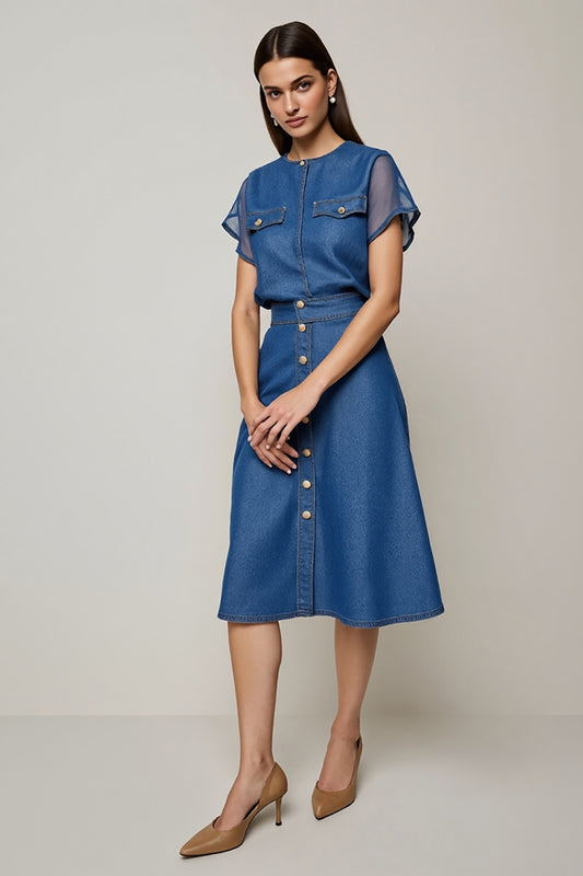 Grey Blue A Line Round Neck Midi Work Dress with Sleeves