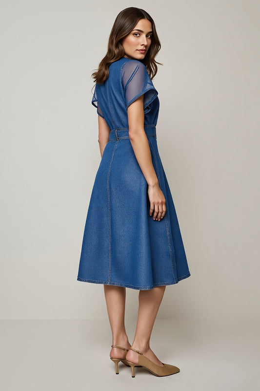 Grey Blue A Line Round Neck Midi Work Dress with Sleeves