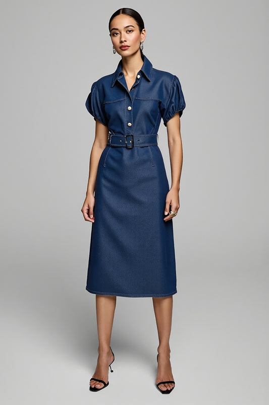 Blue Short Sleevs Midi Pencil Denim Work Dress with Belt
