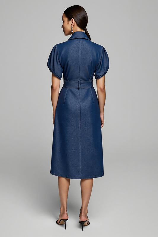 Blue Short Sleevs Midi Pencil Denim Work Dress with Belt