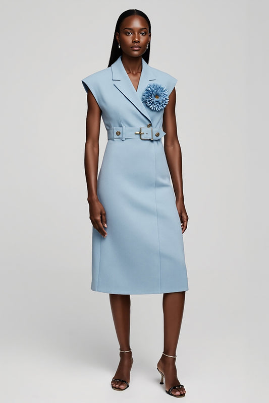 Light Blue Floral Notched Lapel Midi Blazer Dress with Belt