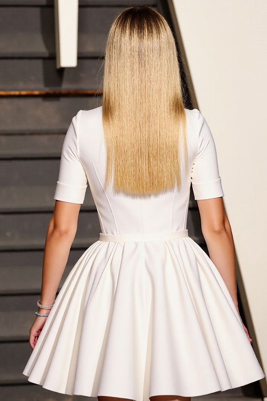 White Corset V-Neck A Line Short Sleeves Work Dress