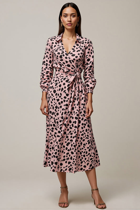Pink Ruched Leopard Printed Maxi Work Dress with Sleeves