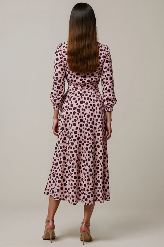 Pink Ruched Leopard Printed Maxi Work Dress with Sleeves
