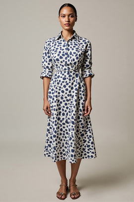 White and Blue A Line Leopard Printed Half Sleeves Maxi Work Dress