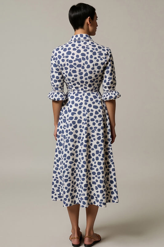 White and Blue A Line Leopard Printed Half Sleeves Maxi Work Dress
