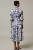 White and Blue A Line Leopard Printed Half Sleeves Maxi Work Dress White and Blue A Line Leopard Printed Half Sleeves Maxi Work Dress