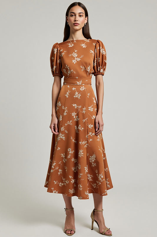 Orange Floral Printed Bateau Neck Maxi Work Dress with Sleeves