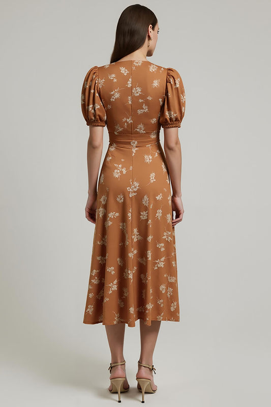Orange Floral Printed Bateau Neck Maxi Work Dress with Sleeves
