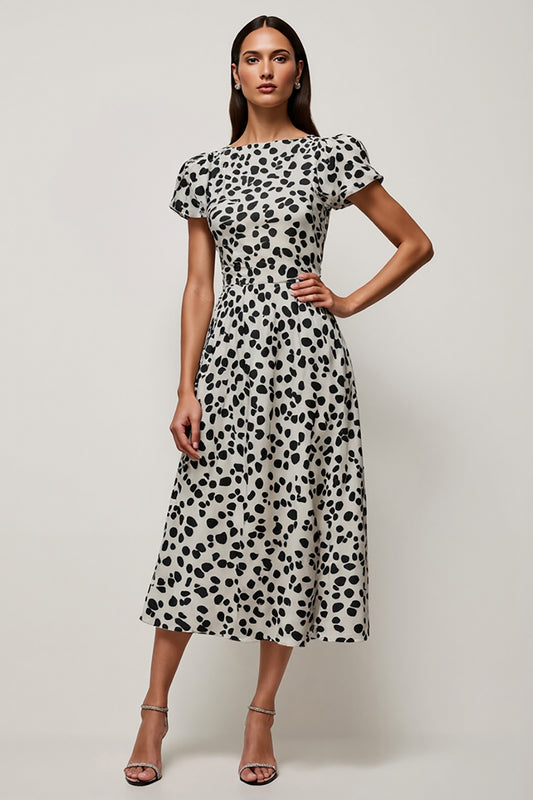 Black and White Leopard Printed Short Sleeves Maxi Work Dress
