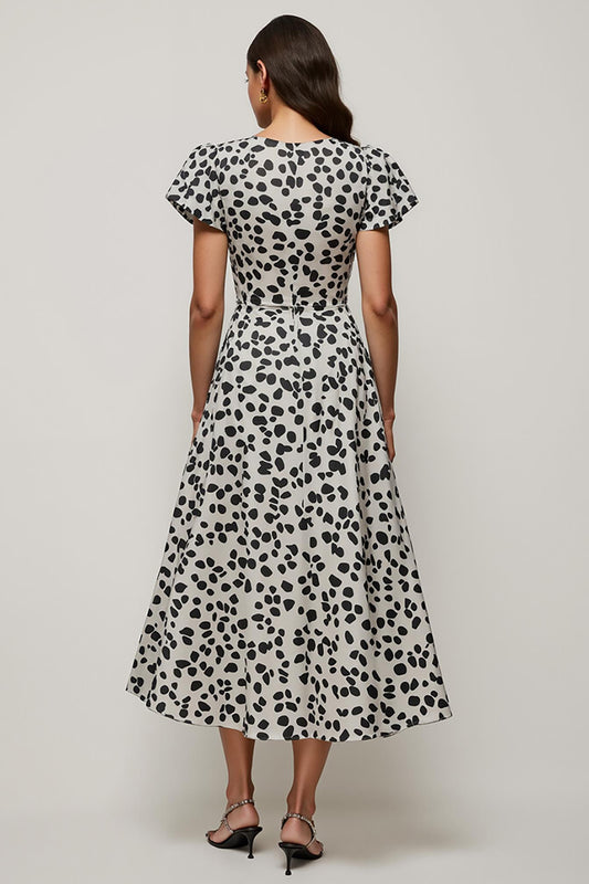 Black and White Leopard Printed Short Sleeves Maxi Work Dress