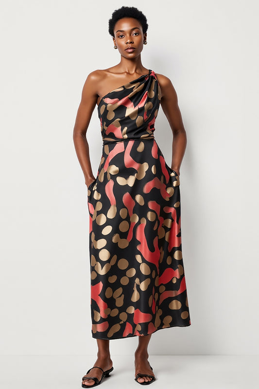 Black Printed One Shoulder Sheath Maxi Work Dress with Pockets