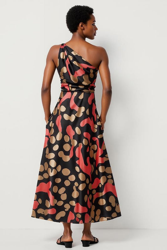 Black Printed One Shoulder Sheath Maxi Work Dress with Pockets