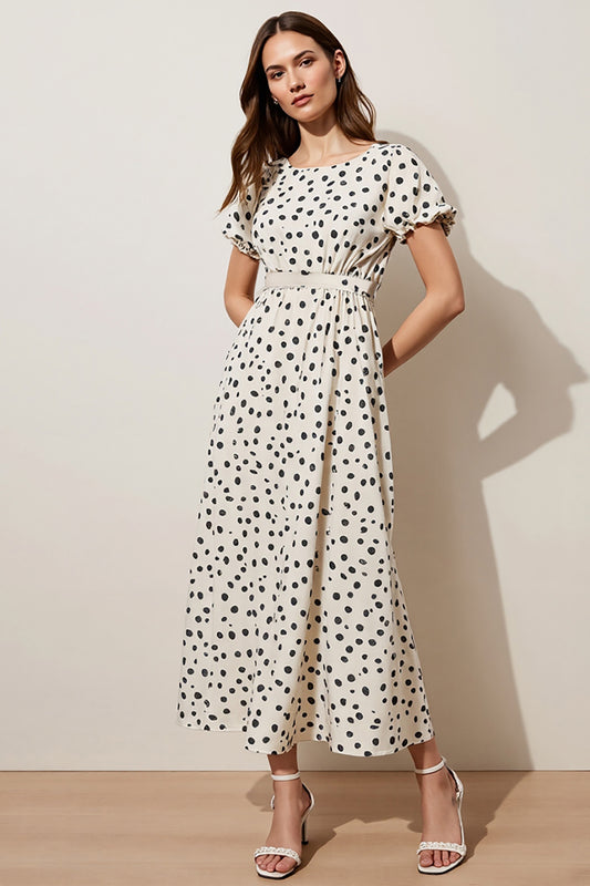 Black and White Polka Dots Short Sleeves A Line Maxi Work Dress