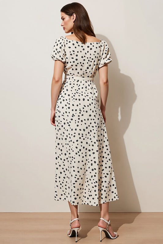 Black and White Polka Dots Short Sleeves A Line Maxi Work Dress