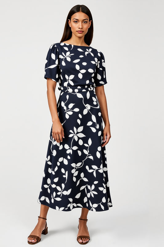 Navy Boat Neck Short Sleeves A Line Printed Maxi Work Dress