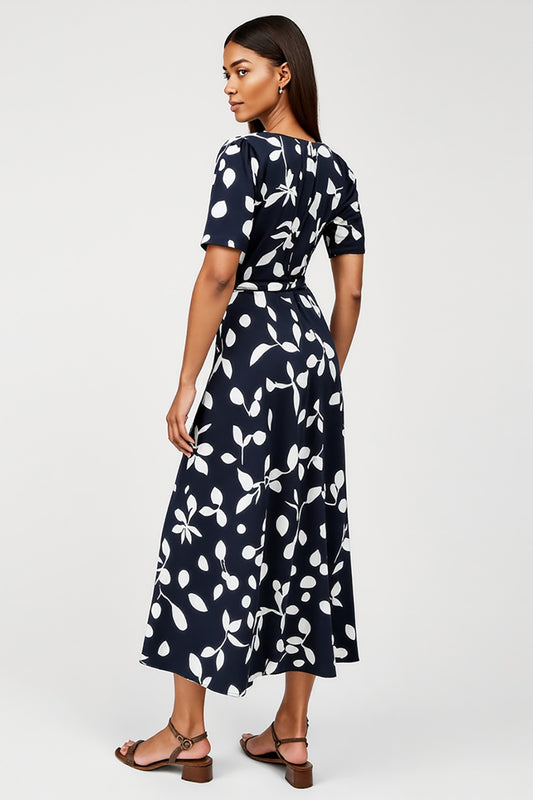 Navy Boat Neck Short Sleeves A Line Printed Maxi Work Dress