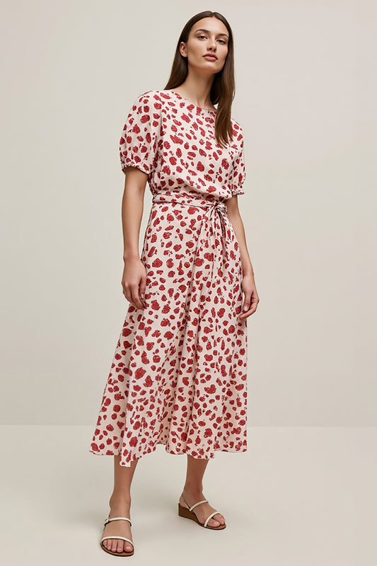 Red Leopard Printed A Line Maxi Work Dress with Sleeves